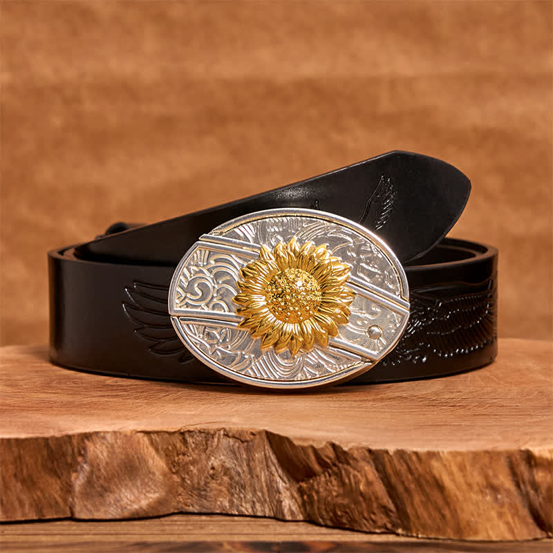 Men's DIY Gold & Silver Sunflower Hidden Folding Knife Leather Belt - Sunflower - Black Embossed Eagle Belt - 42 - image 4