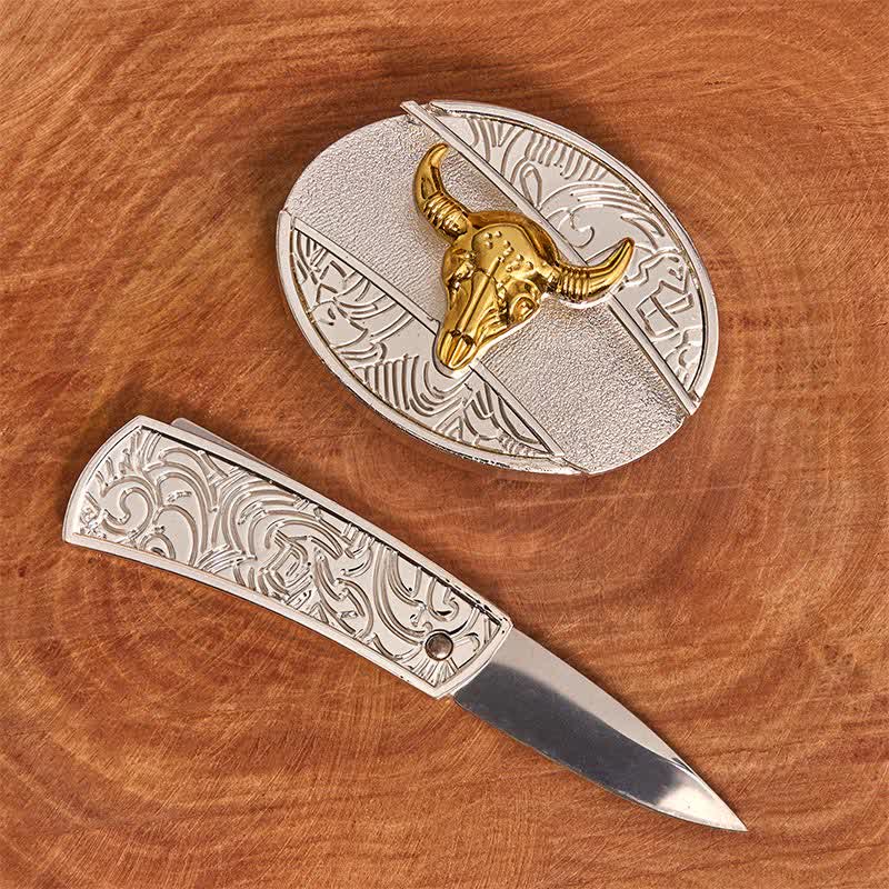 Men's DIY Gold & Silver Bull Hidden Folding Knife Leather Belt - image 1