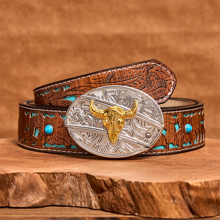 Men's DIY Gold & Silver Bull Hidden Folding Knife Leather Belt - Bull - Turquoise Carved Belt - 42 - image 5