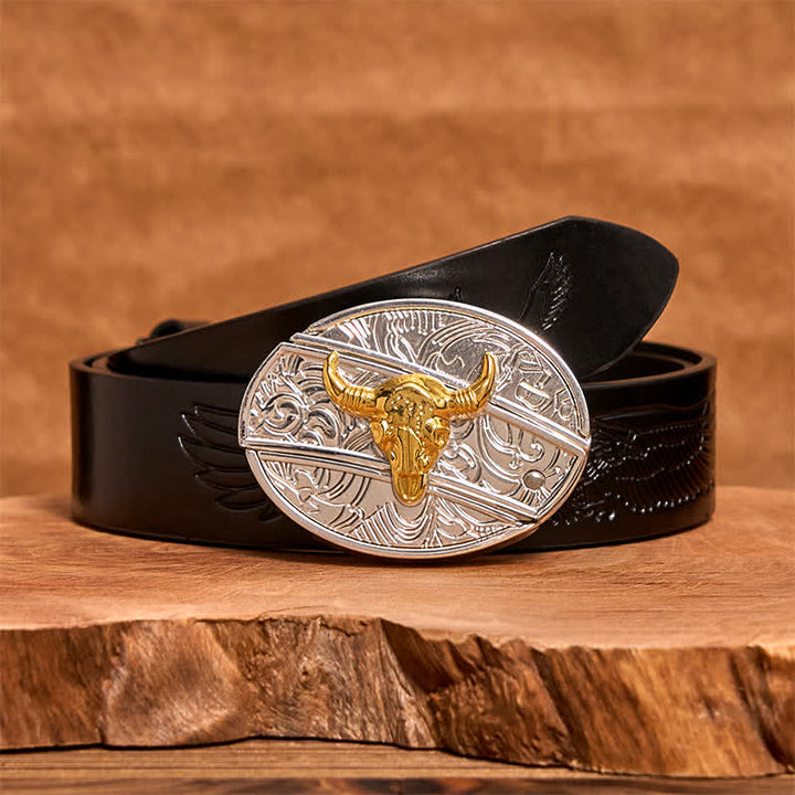 Men's DIY Gold & Silver Bull Hidden Folding Knife Leather Belt - Bull - Black Embossed Eagle Belt - 42 - image 4