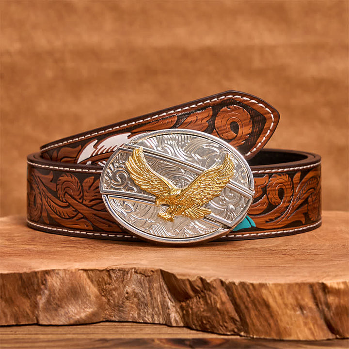 Men's DIY Gold & Silver Eagle Hidden Folding Knife Leather Belt - Eagle - Brown Feather Belt - 40 - image 8