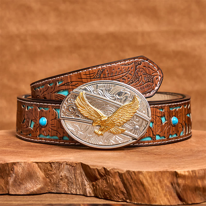 Men's DIY Gold & Silver Eagle Hidden Folding Knife Leather Belt - Eagle - Turquoise Carved Belt - 42 - image 5