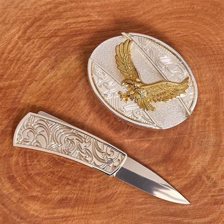 Men's DIY Gold & Silver Eagle Hidden Folding Knife Leather Belt - image 1
