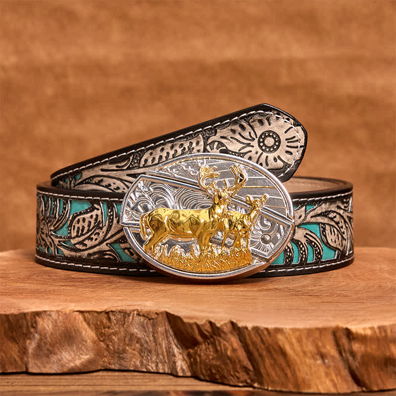 Men's DIY Gold & Silver Deers Hidden Folding Knife Leather Belt - image 9