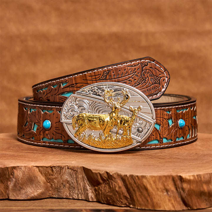 Men's DIY Gold & Silver Deers Hidden Folding Knife Leather Belt - Deer - Turquoise Carved Belt - 42 - image 5