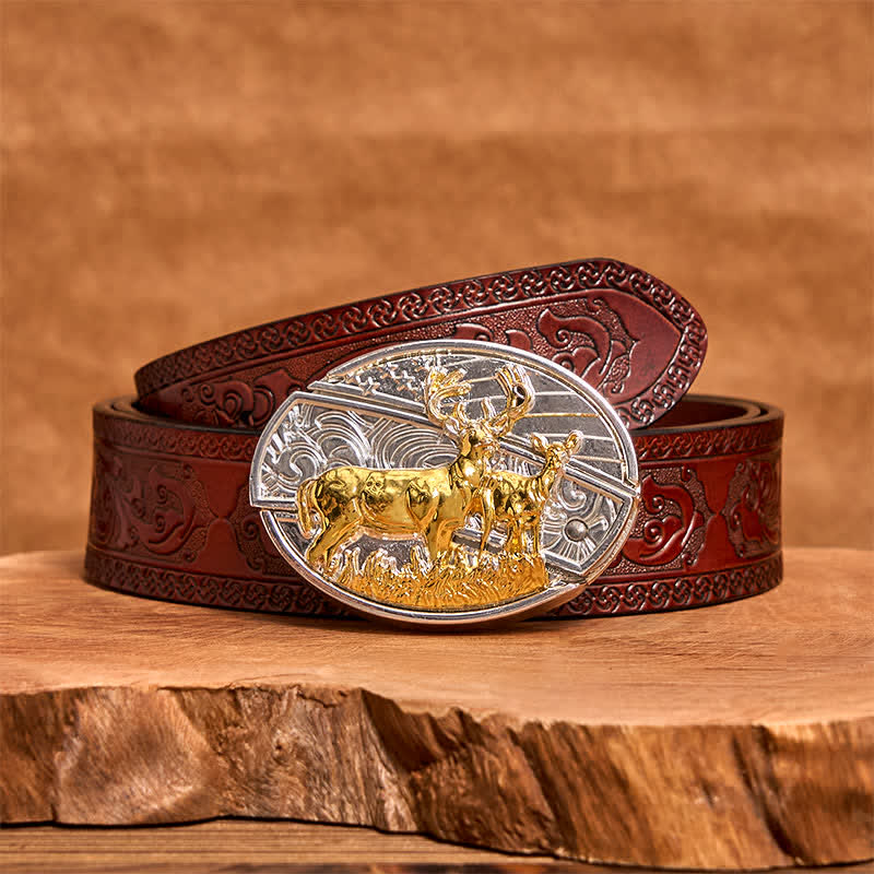Men's DIY Gold & Silver Deers Hidden Folding Knife Leather Belt - Deer - Brown Carved Belt - 42 - image 7