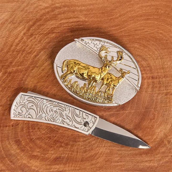 Men's DIY Gold & Silver Deers Hidden Folding Knife Leather Belt - image 1