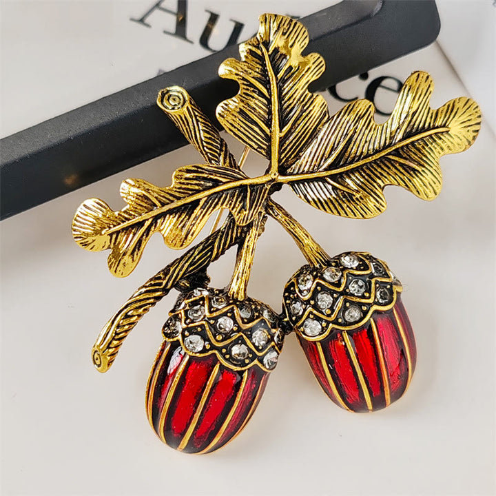Antique Gold Diamond Studded Hazelnut Metal Brooch - Red - image 0