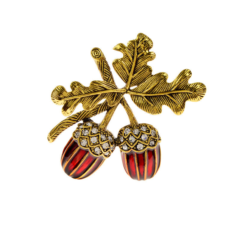 Antique Gold Diamond Studded Hazelnut Metal Brooch - image 3