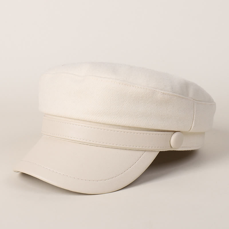 Unisex Winter Fashion PU Brim Flat Top Beret Hat - Beige - M (22"-22 7/8") - image 8