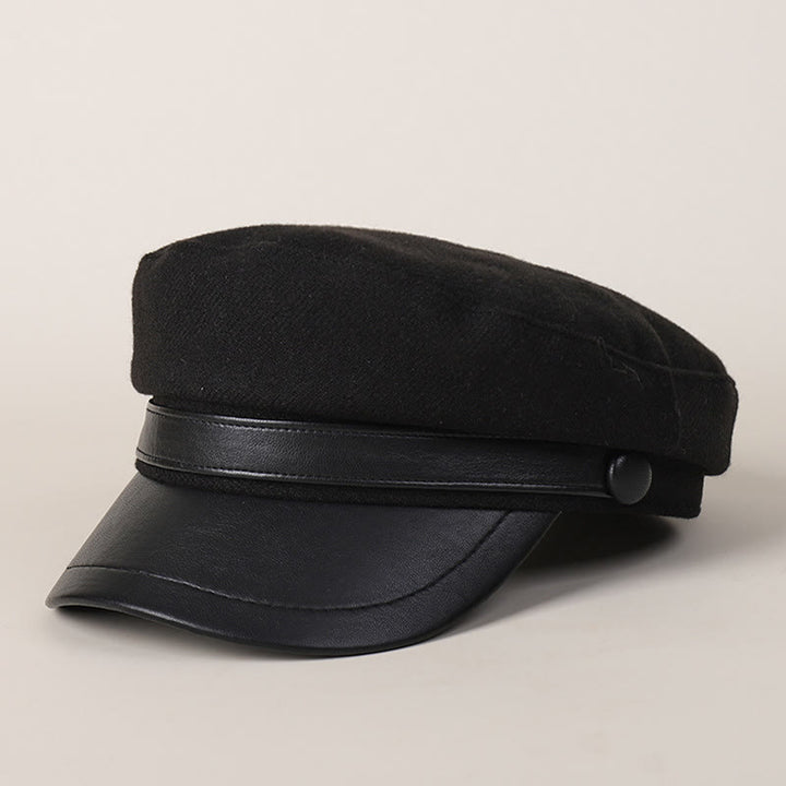 Unisex Winter Fashion PU Brim Flat Top Beret Hat - Black - M (22"-22 7/8") - image 6