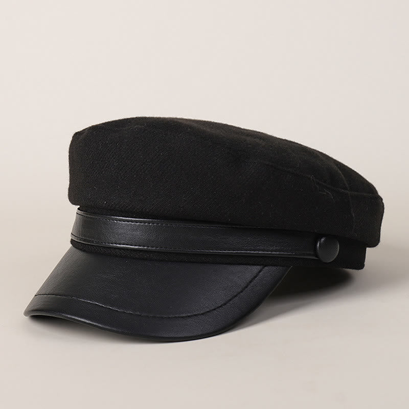 Unisex Winter Fashion PU Brim Flat Top Beret Hat - Black - M (22"-22 7/8") - image 6