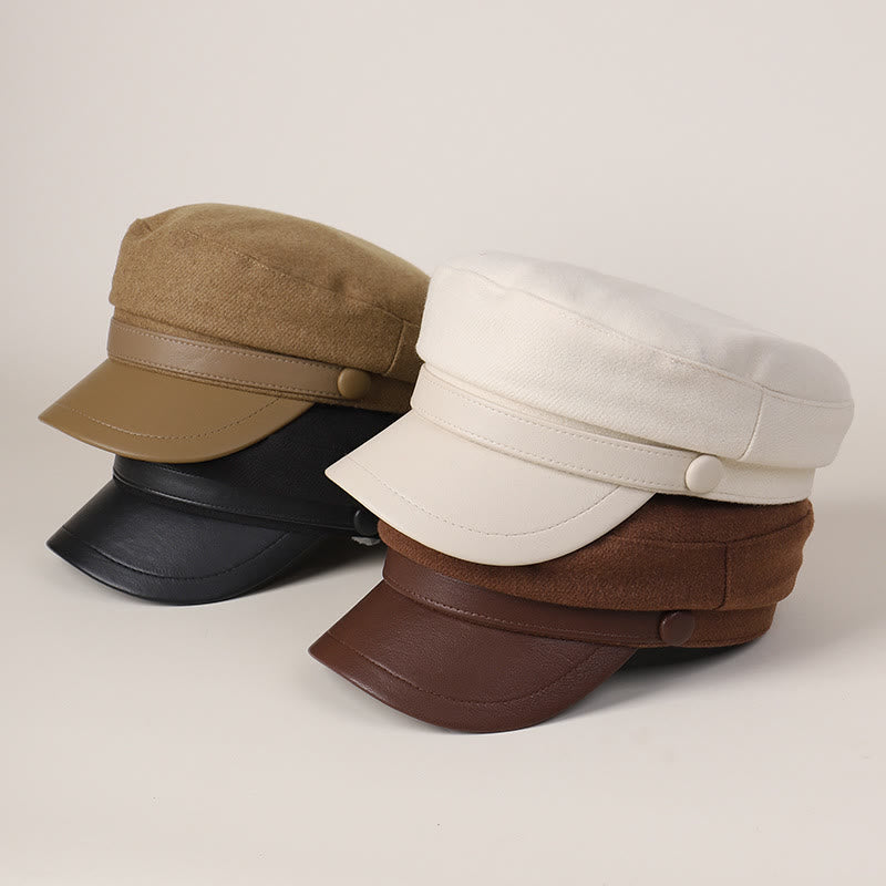 Unisex Winter Fashion PU Brim Flat Top Beret Hat - image 5