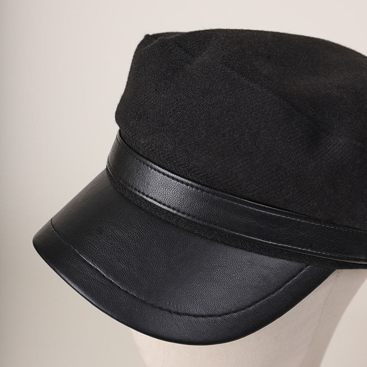 Unisex Winter Fashion PU Brim Flat Top Beret Hat - image 2