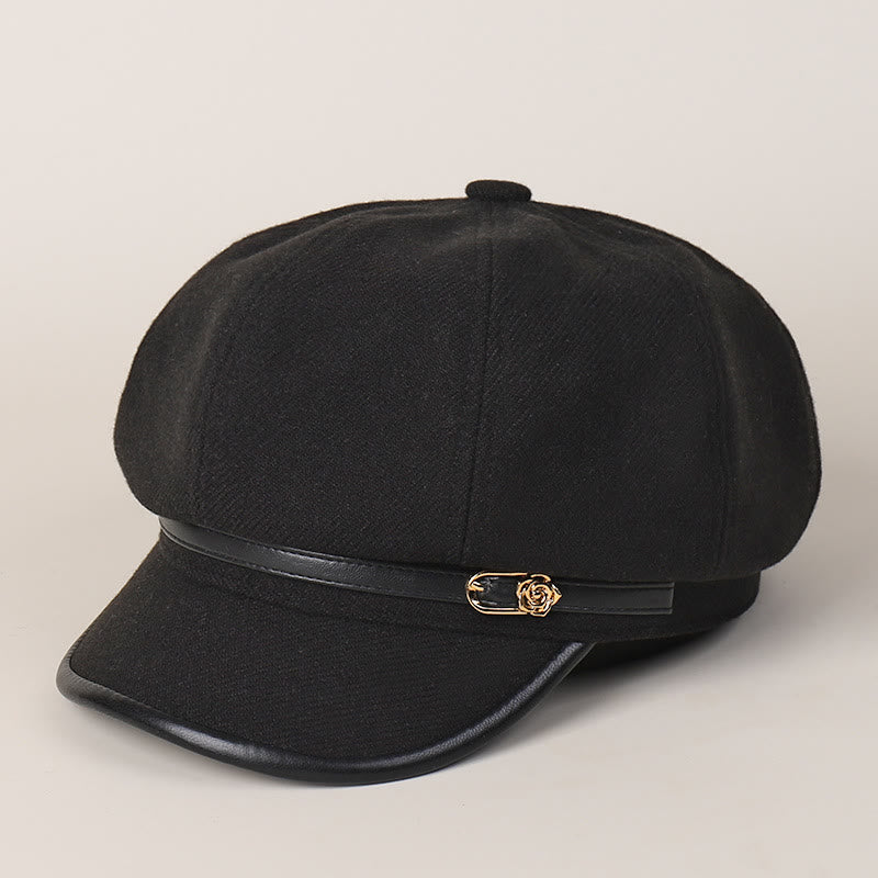 Edge Wrapped Belt Buckle Fashionable Winter Women's Beret Hat - Black - M (22"-22 7/8") - image 7