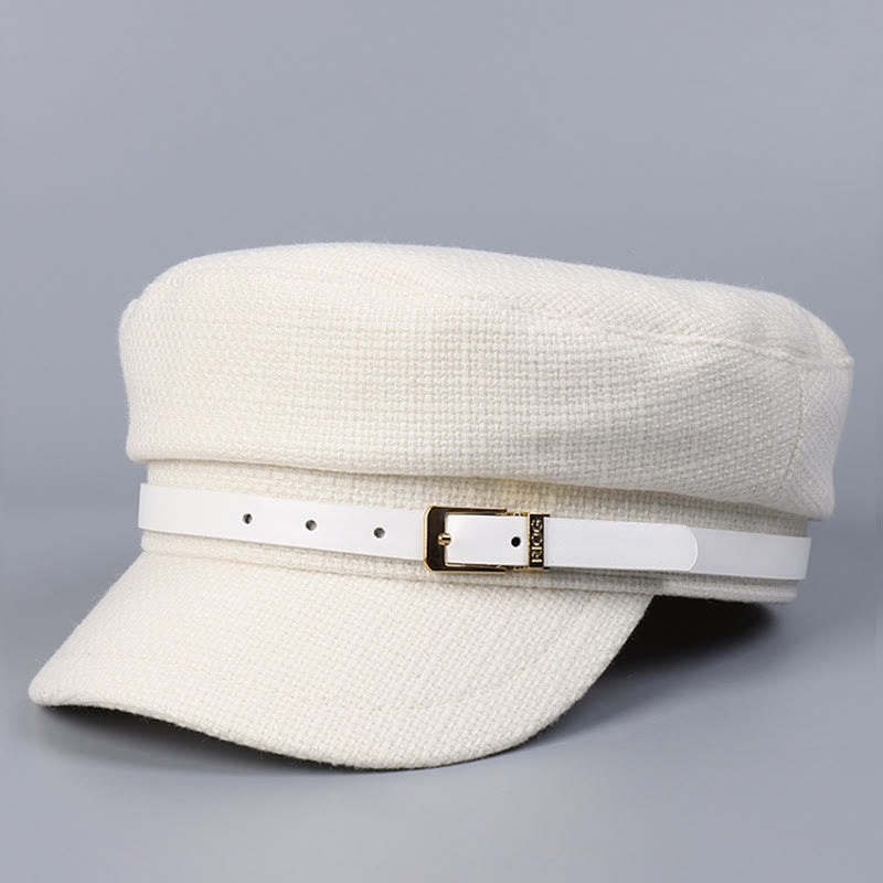 Winter Belt Metal Buckle Flat Top Women's Beret - White - M (22"-22 7/8") - image 9
