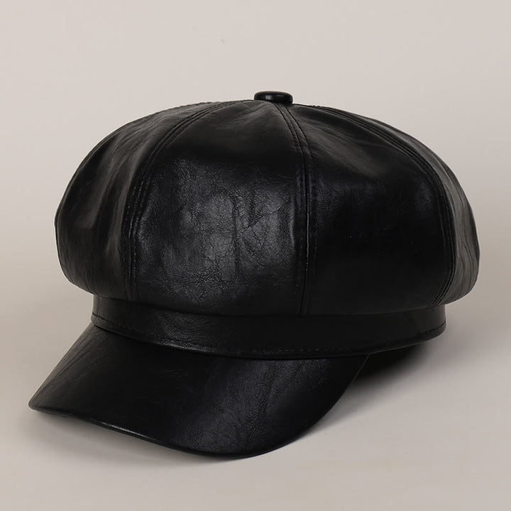 Women's Winter Retro Leather Beret Hat - Black - M (22"-22 7/8") - image 4