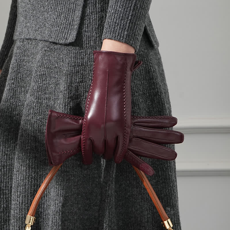 Women's Sheepskin Wrinkle Genuine Leather Leather Gloves - Burgundy - Fleece-Lined - L - image 7