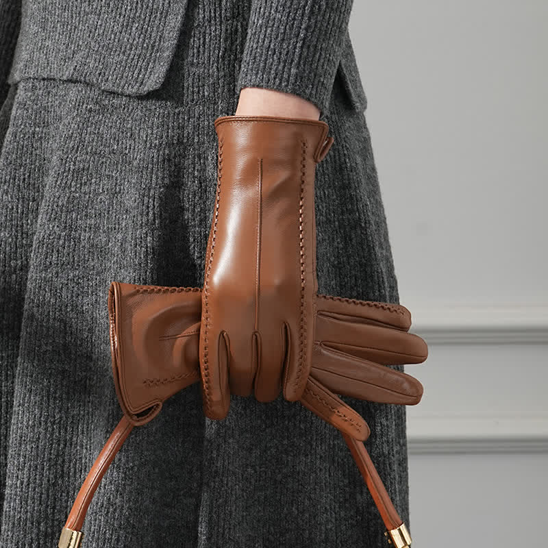 Women's Sheepskin Wrinkle Genuine Leather Leather Gloves - Chocolate - Fleece-Lined - L - image 0