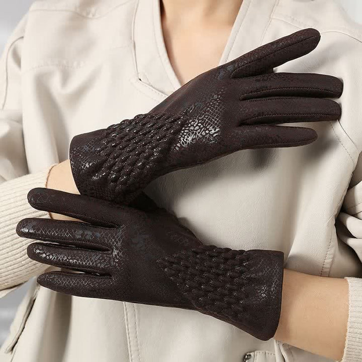 Women's Glossy Python Pattern Soft Velvet Gloves - Dark Brown - image 0