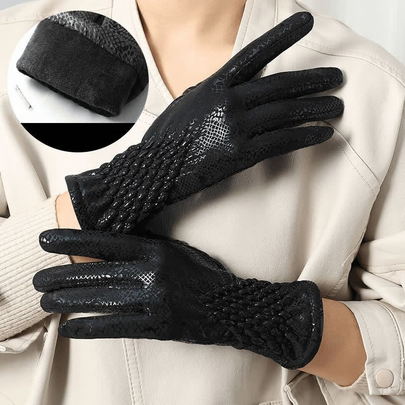 Women's Glossy Python Pattern Soft Velvet Gloves - Black - image 2