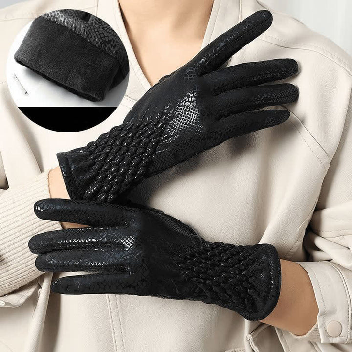 Women's Glossy Python Pattern Soft Velvet Gloves - Black - image 2
