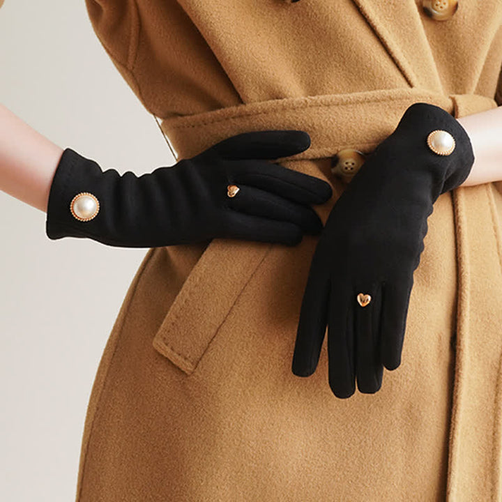 Women's Elegant Fuax Pearls Heart Design Gloves - Black - image 4