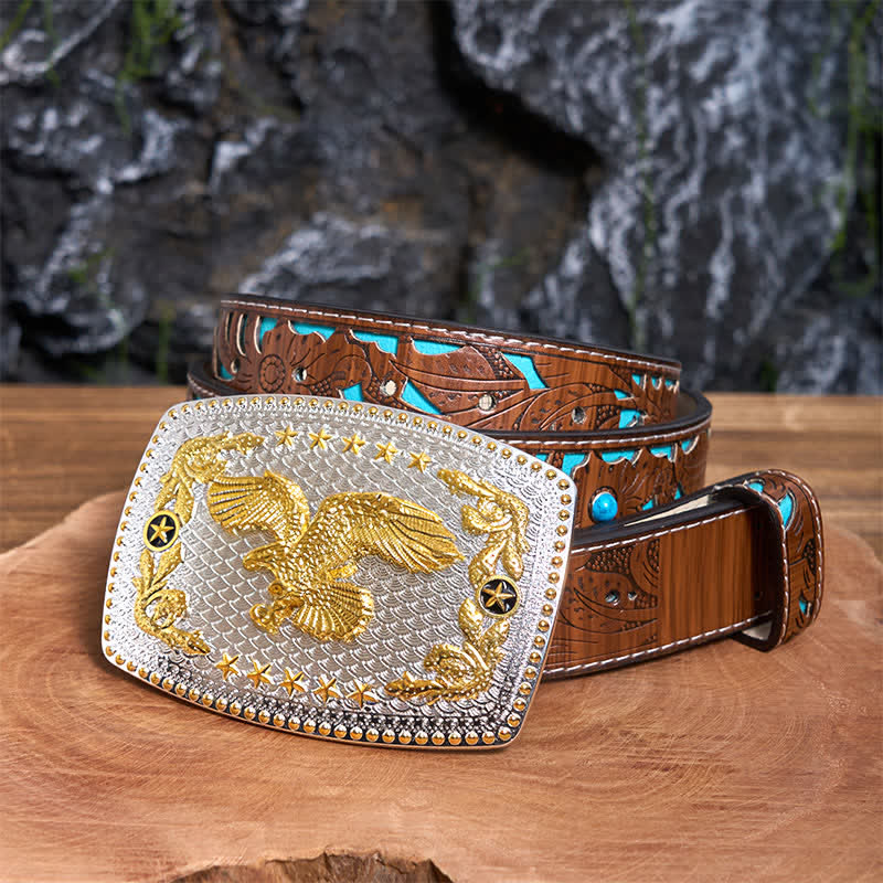 Rectangular DIY Two Tone Flying Eagle Large Buckle Leather Belt - Flying Eagle - Turquoise Carved Belt - 42 - image 4