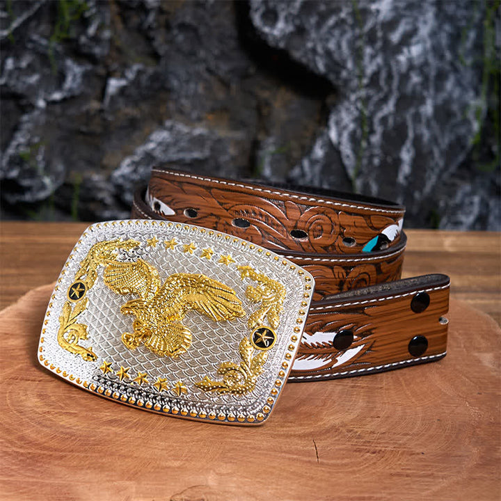 Rectangular DIY Two Tone Flying Eagle Large Buckle Leather Belt - Flying Eagle - Brown Feather Belt - 40 - image 8