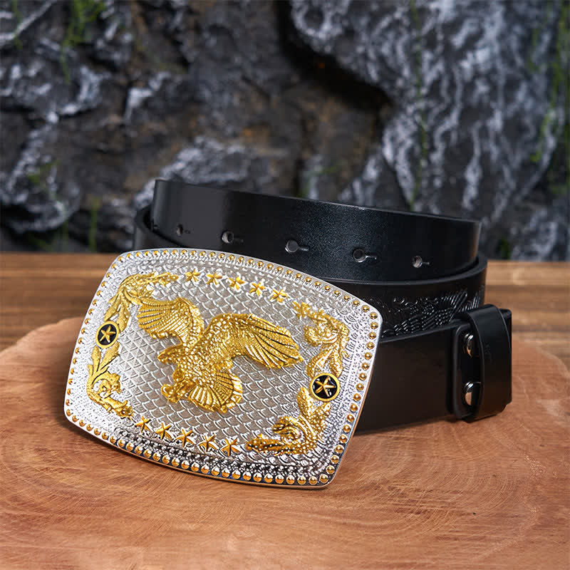 Rectangular DIY Two Tone Flying Eagle Large Buckle Leather Belt - Flying Eagle - Black Embossed Eagle Belt - 42 - image 3