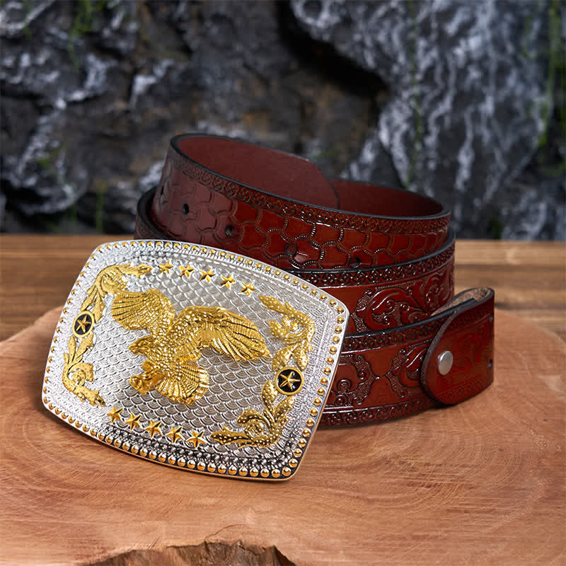 Rectangular DIY Two Tone Flying Eagle Large Buckle Leather Belt - Flying Eagle - Brown Carved Belt - 42 - image 7