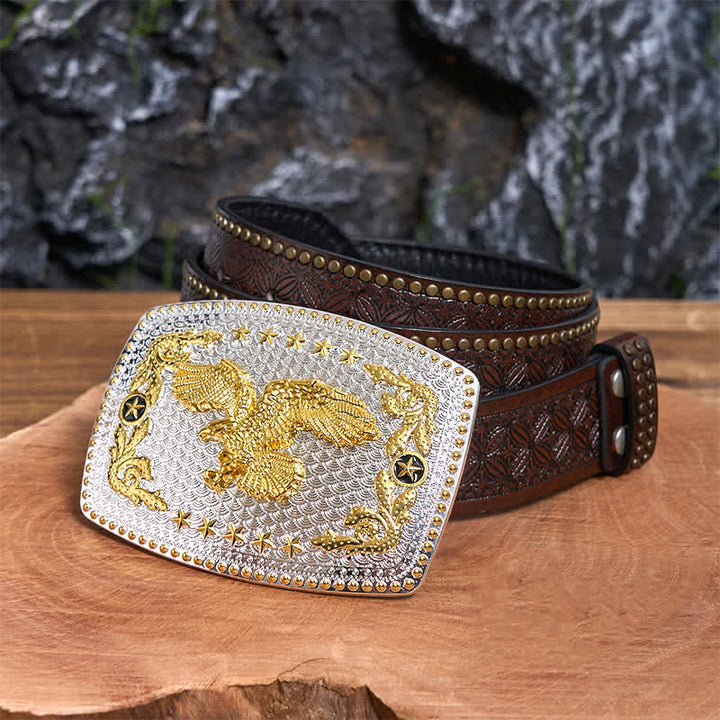 Rectangular DIY Two Tone Flying Eagle Large Buckle Leather Belt - Flying Eagle - Brown Rivet Belt - 42 - image 5