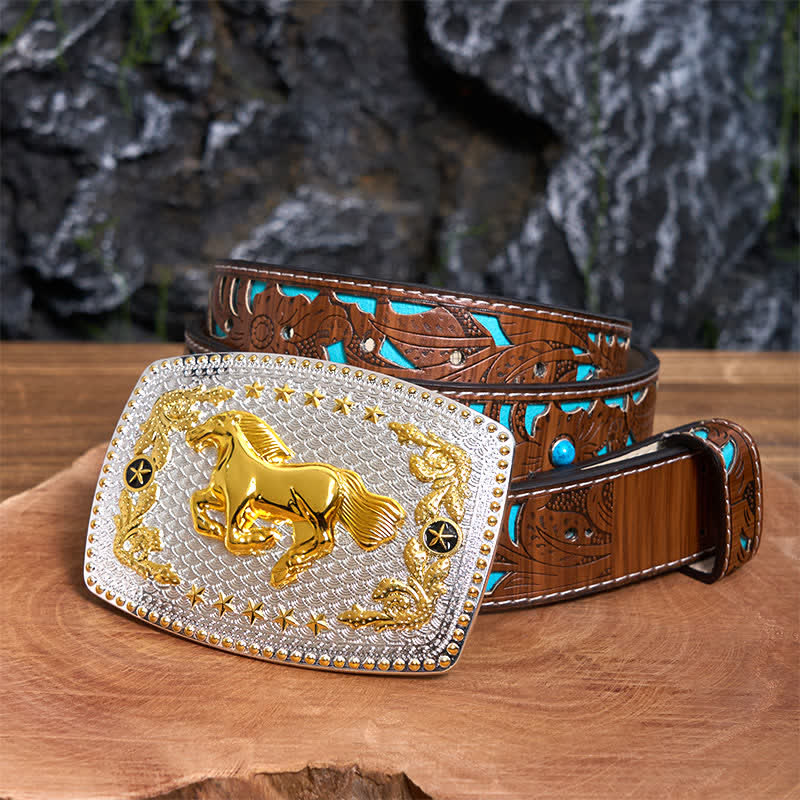 Rectangular DIY Two Tone Running Horse Large Buckle Leather Belt - Running Horse - Turquoise Carved Belt - 42 - image 4