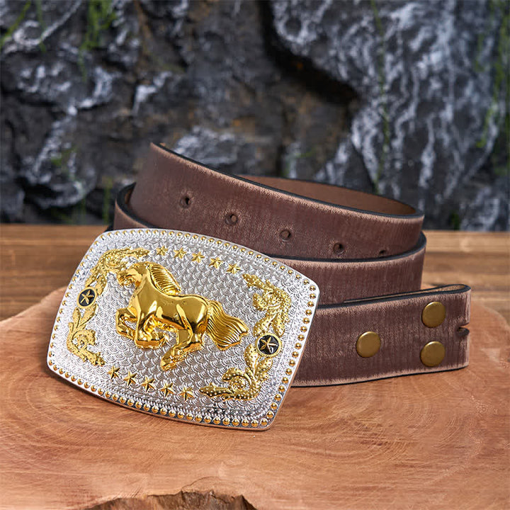 Rectangular DIY Two Tone Running Horse Large Buckle Leather Belt - Running Horse - Brown Distressed Belt - 42 - image 6
