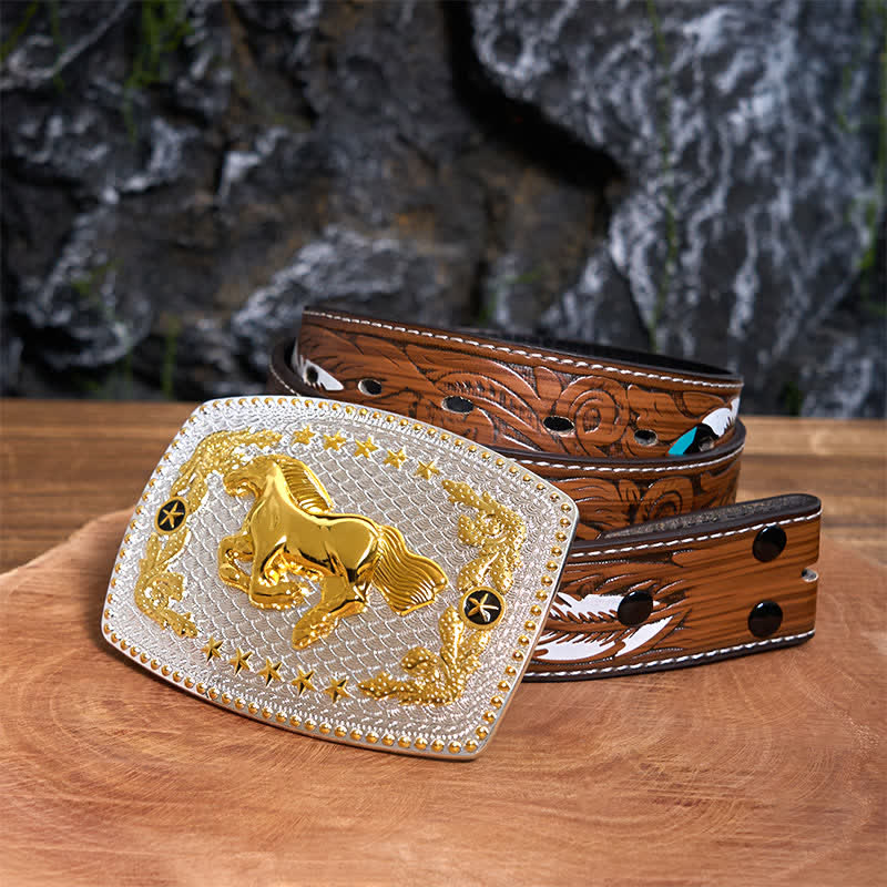 Rectangular DIY Two Tone Running Horse Large Buckle Leather Belt - Running Horse - Brown Feather Belt - 40 - image 8