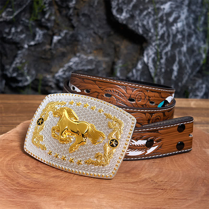 Rectangular DIY Two Tone Running Horse Large Buckle Leather Belt - Running Horse - Brown Feather Belt - 40 - image 8