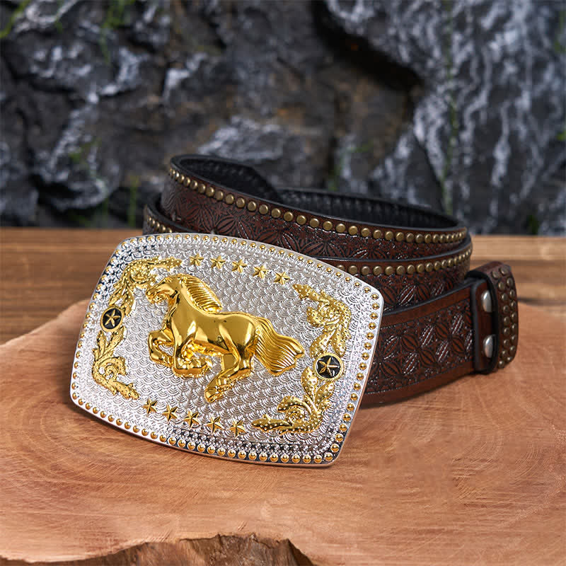 Rectangular DIY Two Tone Running Horse Large Buckle Leather Belt - Running Horse - Brown Rivet Belt - 42 - image 5