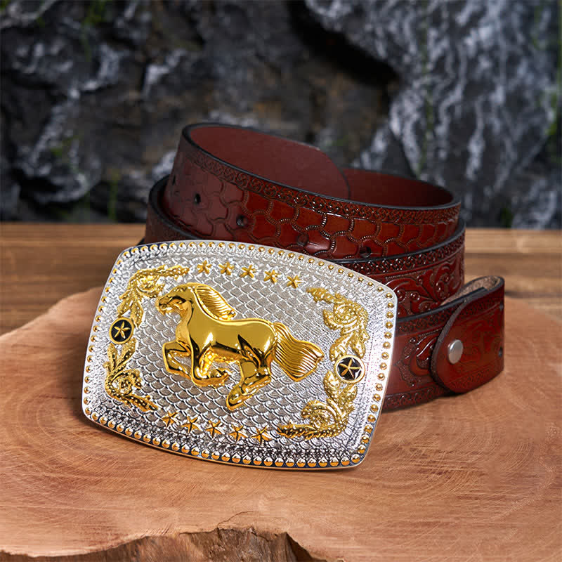 Rectangular DIY Two Tone Running Horse Large Buckle Leather Belt - Running Horse - Brown Carved Belt - 42 - image 7