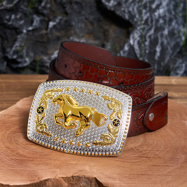 Rectangular DIY Two Tone Running Horse Large Buckle Leather Belt - Running Horse - Brown Carved Belt - 42 - image 7