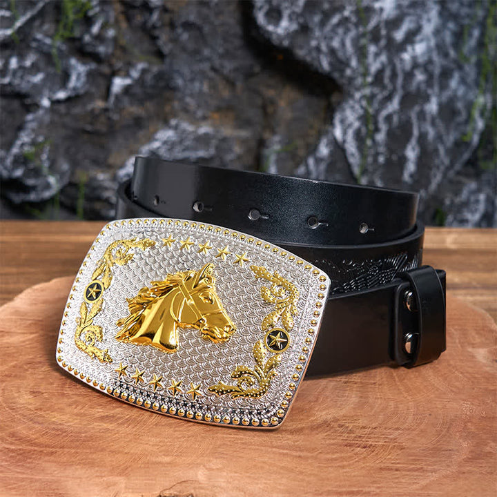 Rectangular DIY Two Tone Horse Head Large Buckle Leather Belt - Horse Head - Black Embossed Eagle Belt - 42 - image 3