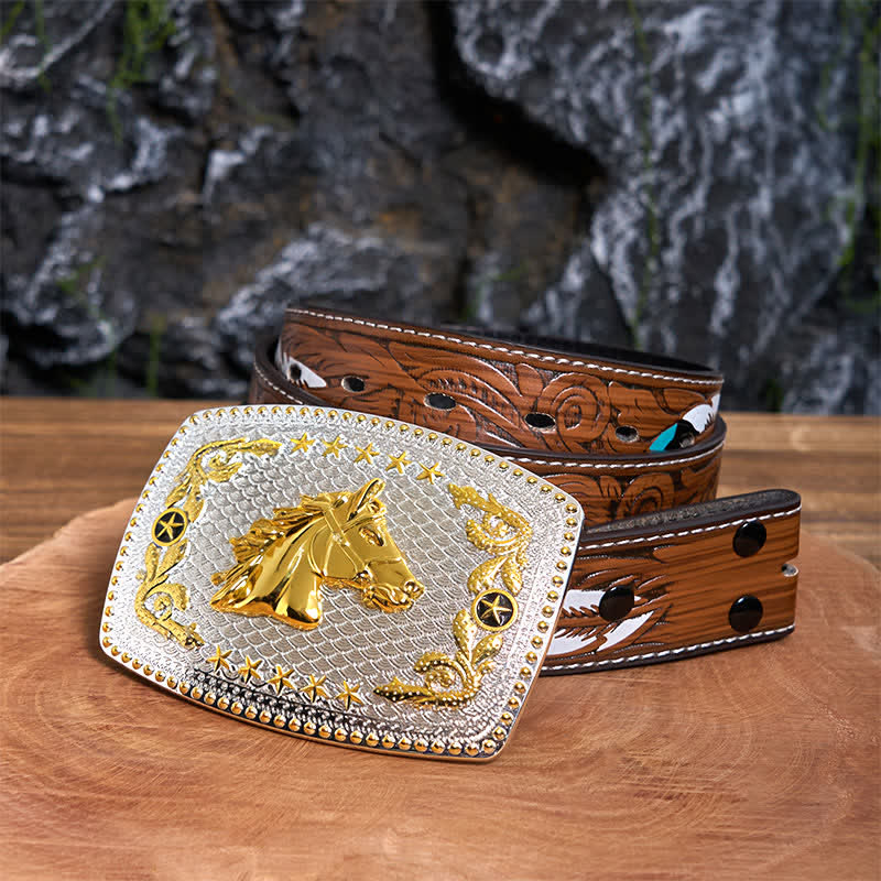 Rectangular DIY Two Tone Horse Head Large Buckle Leather Belt - Horse Head - Brown Feather Belt - 40 - image 8