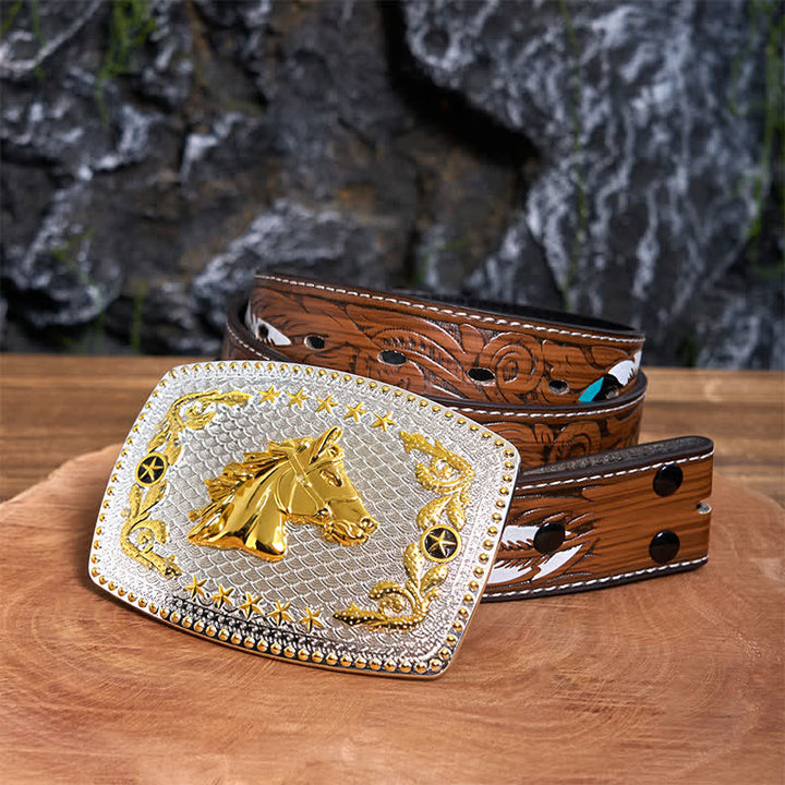 Rectangular DIY Two Tone Horse Head Large Buckle Leather Belt - Horse Head - Brown Feather Belt - 40 - image 8
