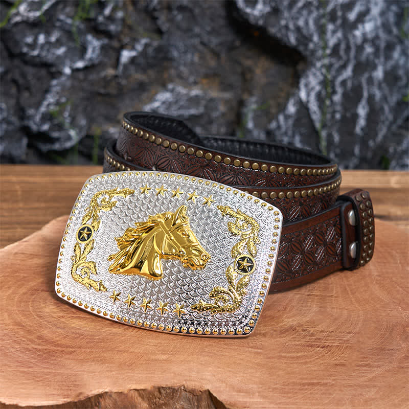 Rectangular DIY Two Tone Horse Head Large Buckle Leather Belt - Horse Head - Brown Rivet Belt - 42 - image 5