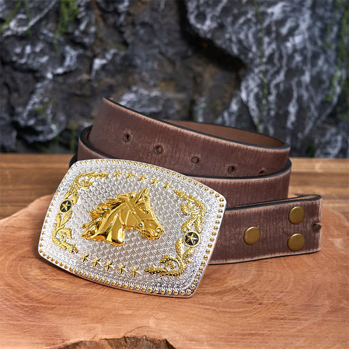 Rectangular DIY Two Tone Horse Head Large Buckle Leather Belt - Horse Head - Brown Distressed Belt - 42 - image 6