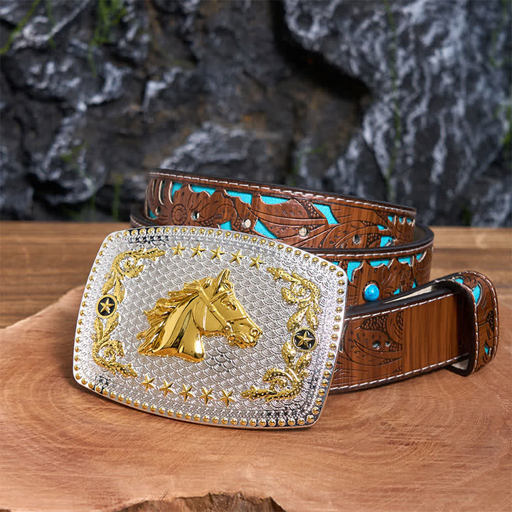 Rectangular DIY Two Tone Horse Head Large Buckle Leather Belt - Horse Head - Turquoise Carved Belt - 42 - image 4