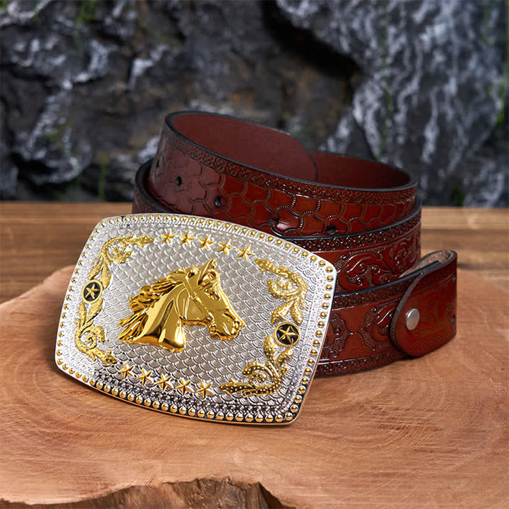 Rectangular DIY Two Tone Horse Head Large Buckle Leather Belt - Horse Head - Brown Carved Belt - 42 - image 7