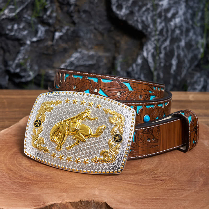 Rectangular DIY Two Tone Horse Riding Large Buckle Leather Belt - Horse Riding - Turquoise Carved Belt - 42 - image 4