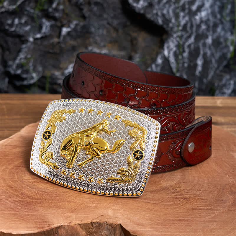 Rectangular DIY Two Tone Horse Riding Large Buckle Leather Belt - Horse Riding - Brown Carved Belt - 42 - image 7