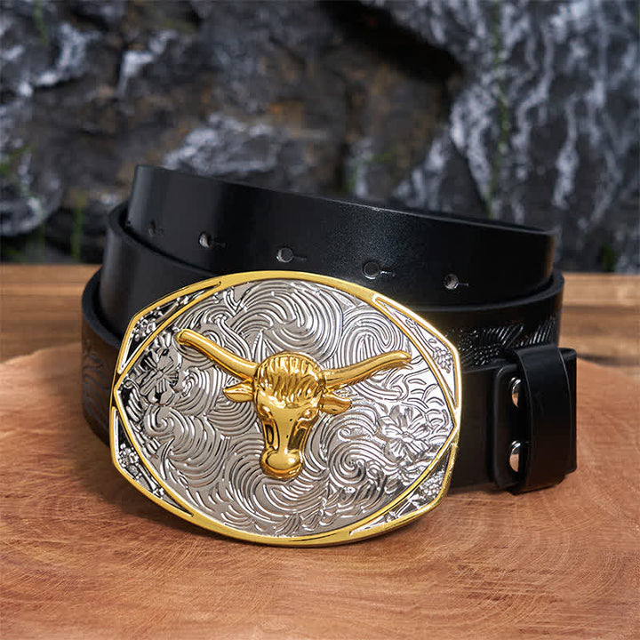 Native Golden DIY Longhorn Head Large Buckle Leather Belt  - Longhorn Head - Black Embossed Eagle Belt - 42 - image 3