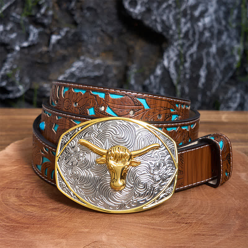 Native Golden DIY Longhorn Head Large Buckle Leather Belt  - Longhorn Head - Turquoise Carved Belt - 42 - image 4